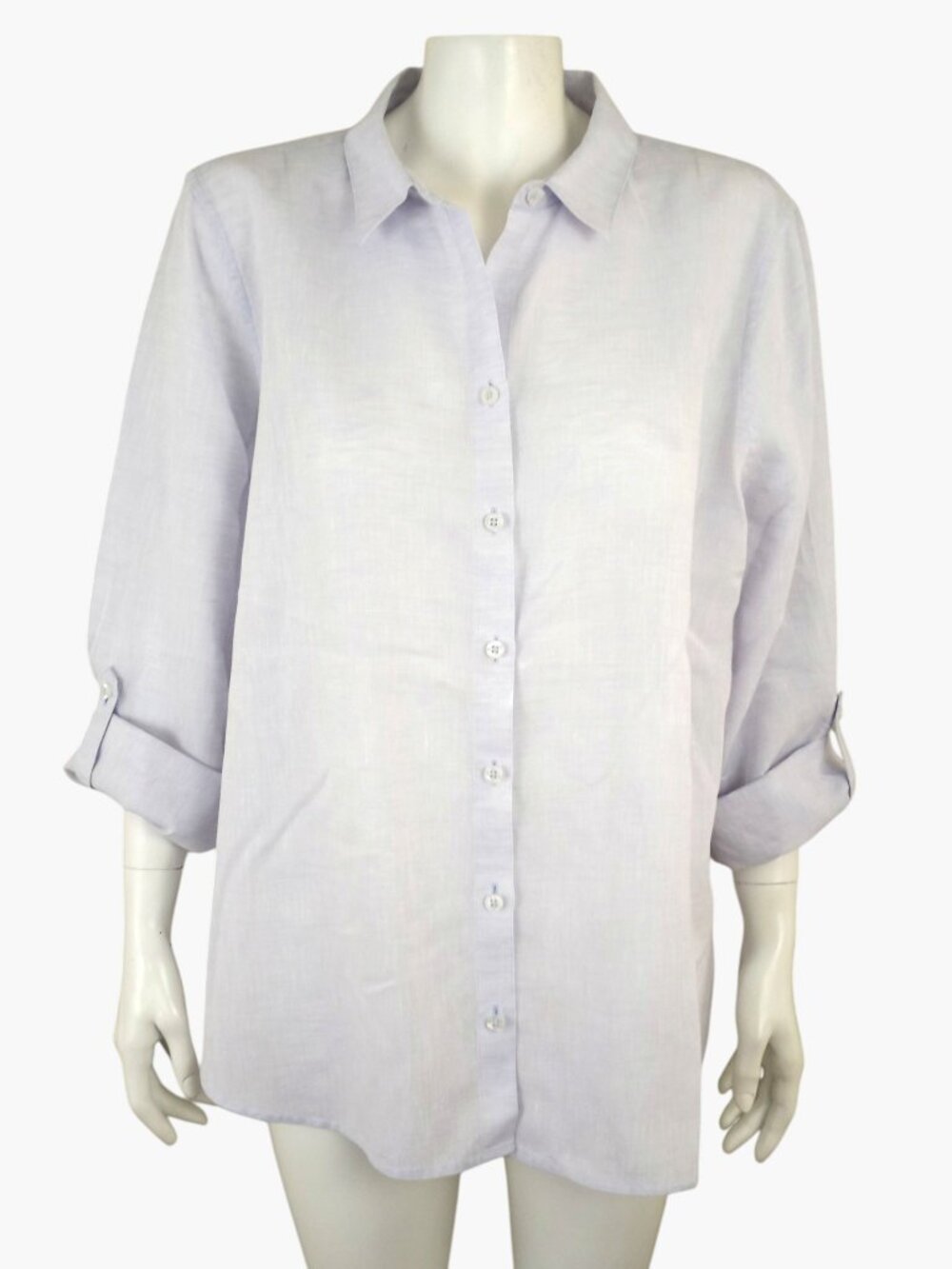 CHICOS Linen Pastel Lilac Roll Tab Sleeve Button Up Tunic Shirt Womens 3 L 16